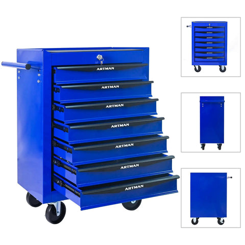 Beast Seven Drawer Rolling Tool Chest For The Garage With Ball Bearing Slides Lockable Side Handle Four Inch Casters in blue.