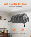 Heavy Duty Steel Wall Mounted Tire Rack Holds Thirty One To Fifty Six Inches storing SUV and truck tires, maximizing garage space.