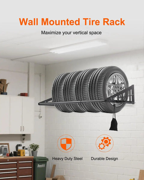 Heavy Duty Steel Wall Mounted Tire Rack Holds Thirty One To Fifty Six Inches storing SUV and truck tires, maximizing garage space.