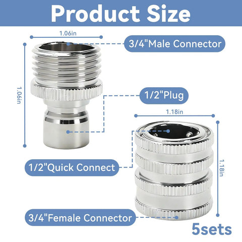 5 Pack Stainless Steel Garden Hose Quick Connect Fittings No Fuss Quick Release Adapters One Half To Three Quarter Inch GHT