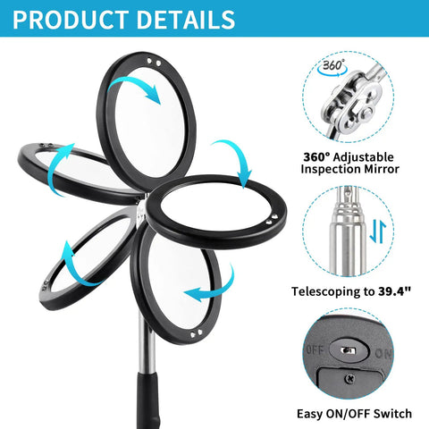 360° rotatable mirrors for 3 Pack Telescoping Inspection Mirrors With LED Light and Magnetic Flashlight, extendable to 39.4 inches.