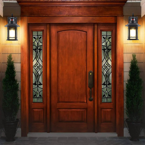 Front porch with matte black wall mount Three Motion Sensor Outdoor Lights With Dusk To Dawn Function beside a wooden door