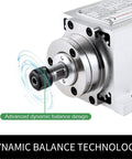 Close-up of Beefy 220V 1.5KW Square Air Cooled CNC Spindle Motor With ER16 6mm Collet, showing dynamic balance technology