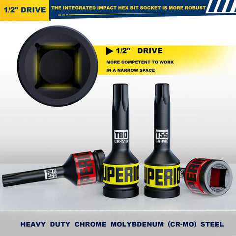 Half Inch Drive Impact Torx Socket Set T25 To T80 In CRMO Steel, showing T60 and T55 sockets with heavy-duty design