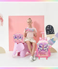 Front view of pink butterfly rolling backpack with wheels for girls; includes matching lunch box.