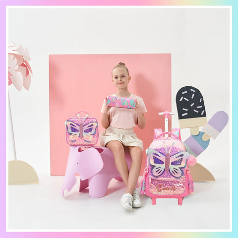 Front view of pink butterfly rolling backpack with wheels for girls; includes matching lunch box.