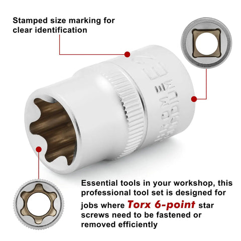 Heavy Duty Female E Torx Socket Set E4 To E24 With One Quarter Three Eighths And One Half Inch Drives Drop Forged Chrome Vanadium Steel Heat Treated Matte Finish Size Stamped Sockets Comes With Durable Case showing detail of socket with size marking and Torx 6-point star design
