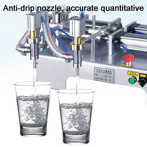 Heavy Duty Horizontal Pneumatic Piston Liquid Filling Machine Stainless Steel Double Head dispensing water into glasses.