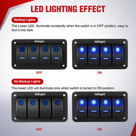 LED Lighting Effect on 4 Gang On Off Rocker Switch Panel showing backup lights status, part of 12V LED Light Bar Wiring Harness Kit