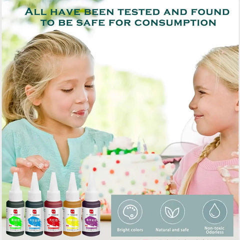 Two children with a cake, food color dye bottles in foreground with safety icons and text 'safe for consumption' above.
