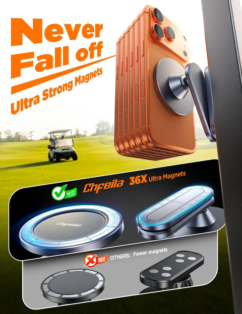 MagSafe Golf Cart Phone Holder With 36x N55 Magnets 2400g Holding Force on golf course, showcasing strength and design.