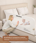 Woman with Universal 47 Inch Toddler Bed Rail Extra Long Foldable Gap Free Guard Fits Twin Full Queen And King Beds Safe Bed Rail