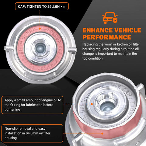 Close-up view of Oil Filter Housing Cap Assembly With Plug And Gasket Direct OEM Replacement For Camry RAV4 Highlander Sienna Tacoma Tundra 4Runner And Lexus RX350 ES350 with instructions on application and use.