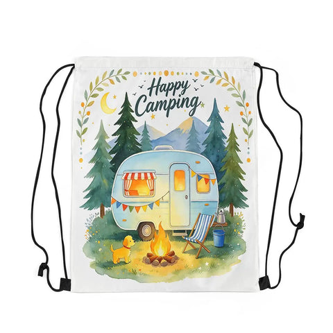 Water Resistant Drawstring Backpack 13x16 Inch Lightweight Gym Sack For Women And Men Green Beach Bag in watercolor camping design.