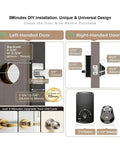 Installation guide for Next Level Smart Electronic Deadbolt Lock showing measurements for left-handed and right-handed doors.