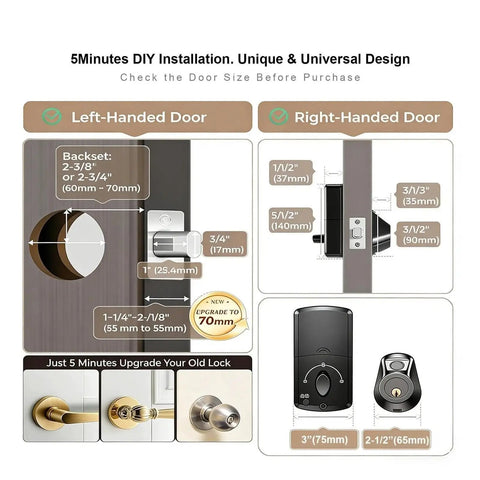 Installation guide for Next Level Smart Electronic Deadbolt Lock showing measurements for left-handed and right-handed doors.