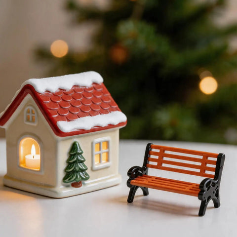 Two Pack 1 To 30 Scale Miniature Park Benches, In Classic Brown And Black Painted Finish, Realistic Tiny Garden Seats next to a lit dollhouse