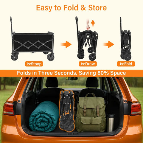 Foldable Wagon Cart With Wheels Lightweight 11 Lb Collapsible Wagon 280 Lb Capacity For Camping Travel Sports Grocery Shopping Black Easy One Pull Fold Up In Seconds