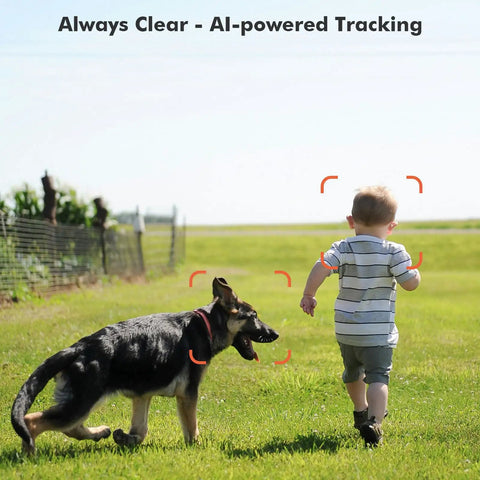 Child and dog in field with AI motion detection by 4MP Solar Security Camera Outdoor Wire Free Wireless Camera With 360 Degree Rotating Magnetic Mount AI Motion Detection Spotlight Siren 2 Way Talk Color Night Vision 2 4Ghz WiFi Cloud SD Battery Powered.