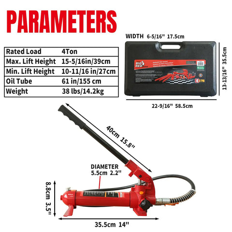 Big Red 4 Ton Porta Power Auto Body Repair Kit hydraulic ram with specifications and case dimensions displayed.