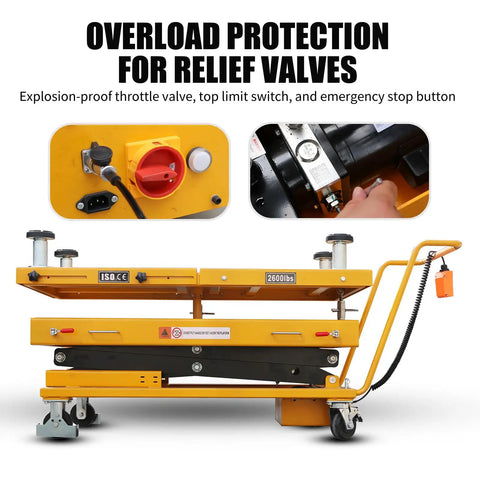 Heavy Duty Electric Scissor Lift Cart With 2600 Lbs Capacity And Locking Casters For Mobile Battery Pack Engine Gearbox Chassis Transmission Jack Repair Tasks with safety controls and relief valves.