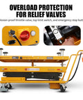 2600 lbs Heavy Duty Electric Scissor Lift Table With Smooth Hydraulic Operation And Quick Tilt Adjustments, showing overload protection features.