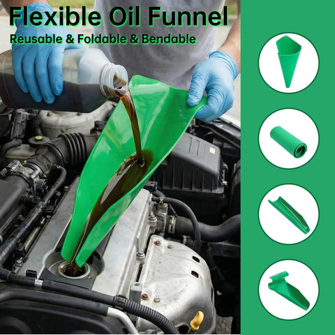 Flexible Silicone Oil Change Funnel Set Bendable Foldable Spill Free with Magnetic Drain Plug Tool in use for cars