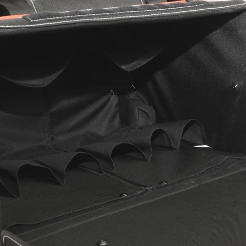 Interior view of Rolling Tool Bag Organizer With Wheels, 18 Inch Portable Tool Tote, showing wide storage compartments and dividers