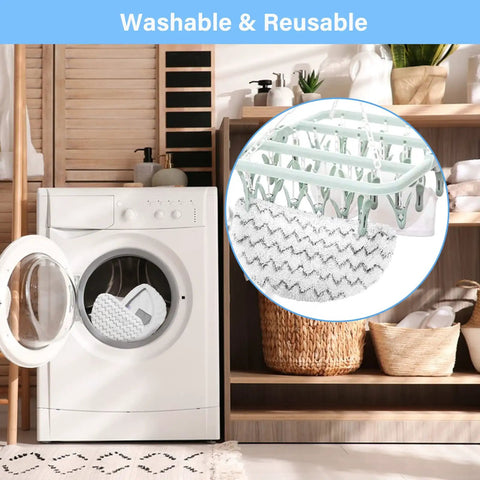 12 Pack Replacement Pads For PowerFresh Steam Mop 1940 Series shown with washing machine and hanging to dry