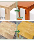 Before and after images of a wood table treated with Slick All In One Cedar Wood Stain And Sealer One Gallon.