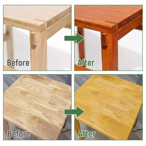 Before and after images of a wood table treated with Slick All In One Cedar Wood Stain And Sealer One Gallon.