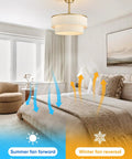 Boho Fandelier Ceiling Fan with Light, Gold Chandelier Fan and Remote displayed in a bright bedroom with summer and winter settings.