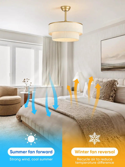 Boho Fandelier Ceiling Fan with Light, Gold Chandelier Fan and Remote displayed in a bright bedroom with summer and winter settings.