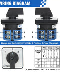 40A Rotary Changeover Switch for Industrial Power Control with 660V Rating, 3 Position ON OFF ON, 2 Poles, 8 Terminals