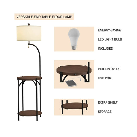 Go-To Space Saving Floor Lamp With End Table And USB Port, Modern Rustic Standing Light With Shelf and LED Light Bulb