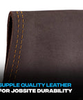 Close-up of oil tanned leather detail from Premium Leather Electrician Tool Pouch With Ten Pockets Tape Holder And 3 Inch Belt Loop