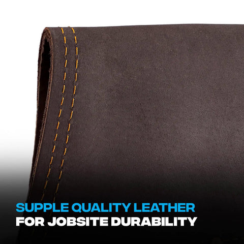 Close-up of oil tanned leather detail from Premium Leather Electrician Tool Pouch With Ten Pockets Tape Holder And 3 Inch Belt Loop