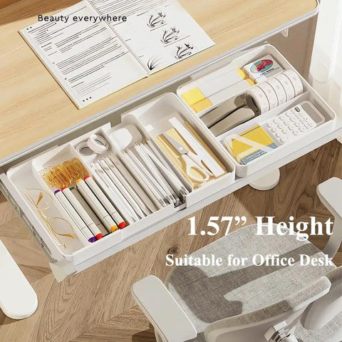Shallow Drawer Organizer 1.57 Inch High, All In One Modular Expandable Desk Divider Tray For Office Supplies Makeup And Kitchen Utensils, Detachable Tray, Fits Narrow Drawers From 10.6 To 17.9 Inches, White shown installed in a desk drawer with organized supplies.