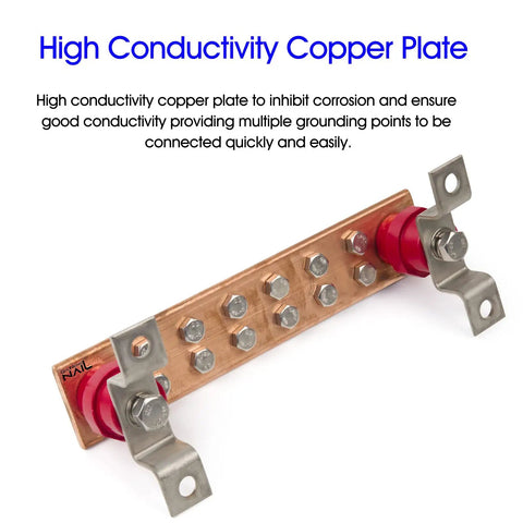 Four Pack Wall Mount Copper Ground Bar Kit With Quarter Inch Thick 2 Inch By 10 Inch Bus Bar 12 Terminal Positions Five Sixteenth Inch Spacing UL SM40 Insulators Uimp Up To 7.2 kV Heavy Duty Industrial Grade Grounding Strip Set showing high conductivity copper plate.