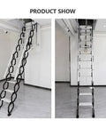 Heavy Duty Remote Attic Ladder For Seamless Ceiling Access With Electric Pull Down System And Foldable Retractable Steps To Slash Household Clutter And Save Major Floor Space In Eighty By One Hundred Twenty Centimeter Profile in a modern home setting.