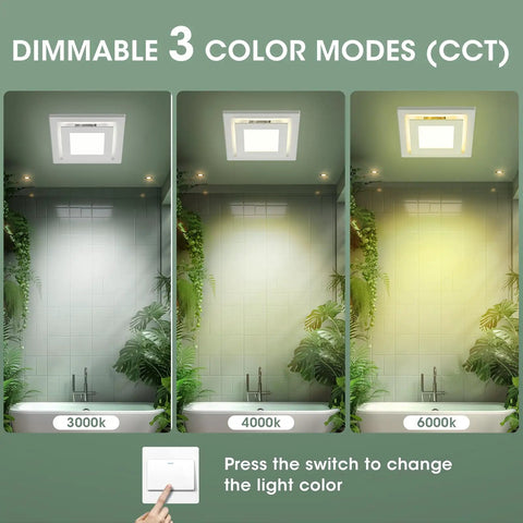 Two In One Bathroom Exhaust Fan With LED Light, Ultra Quiet Ventilation, showing 3000K, 4000K, 5000K color modes in bathroom setting