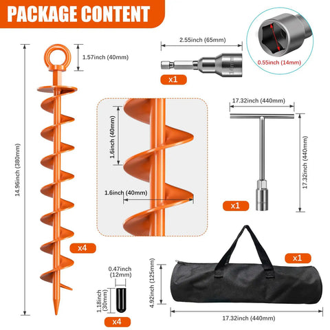 Beefy Heavy Duty Ground Anchor Screws In 4 Pack With Nuts And Tool Spiral Trampoline Anchors diagram and bag displayed