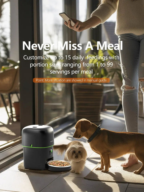 Zero Stress Fur Baby Snack Routine With This Smart Automatic Cat Feeder Boasting 1080P HD Camera and Infrared Night Vision Using 5G WiFi Plus Two Way Audio and Tight Portion Control To Keep Dry Kibble Fresh, showing pet feeder with two dogs.