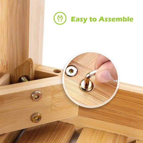 Close-up of a hand assembling Bamboo Shower Bench With Foot Stool, 2 Tier Wood Spa Bath Organizer Seat With Underneath Storage Shelf.