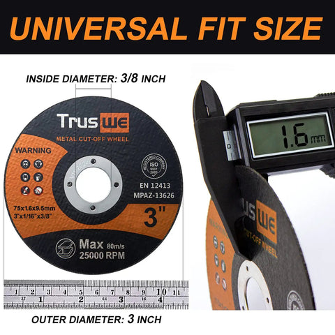 3 Inch Cut Off Wheels 25 Pack for Metal and Stainless Steel, 3/8 Inch Arbor, 1/16 Inch Thick, high speed cutting disc with caliper