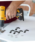 Hand holding a drill installing 30 Pack Heavy Duty Metal Furniture Connectors Rock Solid No Slack Hidden Assembly Hardware.