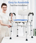 Woman assembling Built To Last Heavy Duty Shower Chair With Arms Inside Shower, 550 lb capacity, on tabletop
