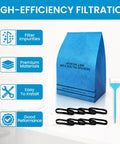20 Pack Universal Wet Dry Vacuum Filter Bags For 2.5 To 5 Gallon Vacs, blue bag, black retaining bands, brush shown