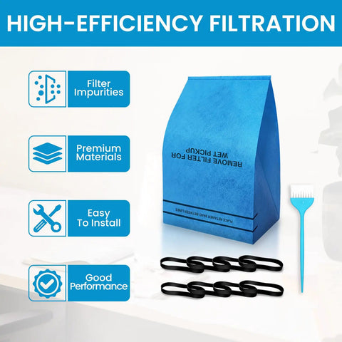 20 Pack Universal Wet Dry Vacuum Filter Bags For 2.5 To 5 Gallon Vacs, blue bag, black retaining bands, brush shown