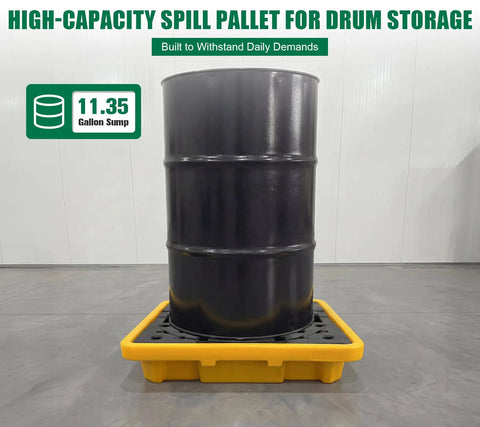 Heavy Duty Spill Containment Pallet For 55 Gal Drum, Low Profile Leak Proof Platform With 11.35 Gallon Sump, warehouse view